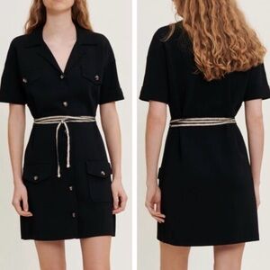 Maje Black Short-Sleeve Shirt Dress with Braided Rope Belt